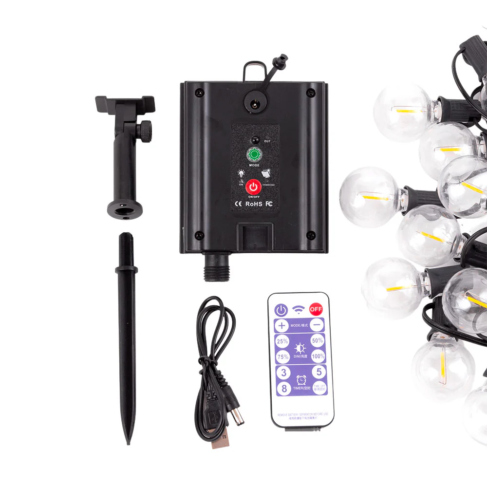 Cadena 25 Bombillas LED G40 2700ºK 9,5M Solar - Panel: 5,5V 1,2W Batería: 3,7V 1200MaH [HO-CAD-25-SOL-WW] - Image 4