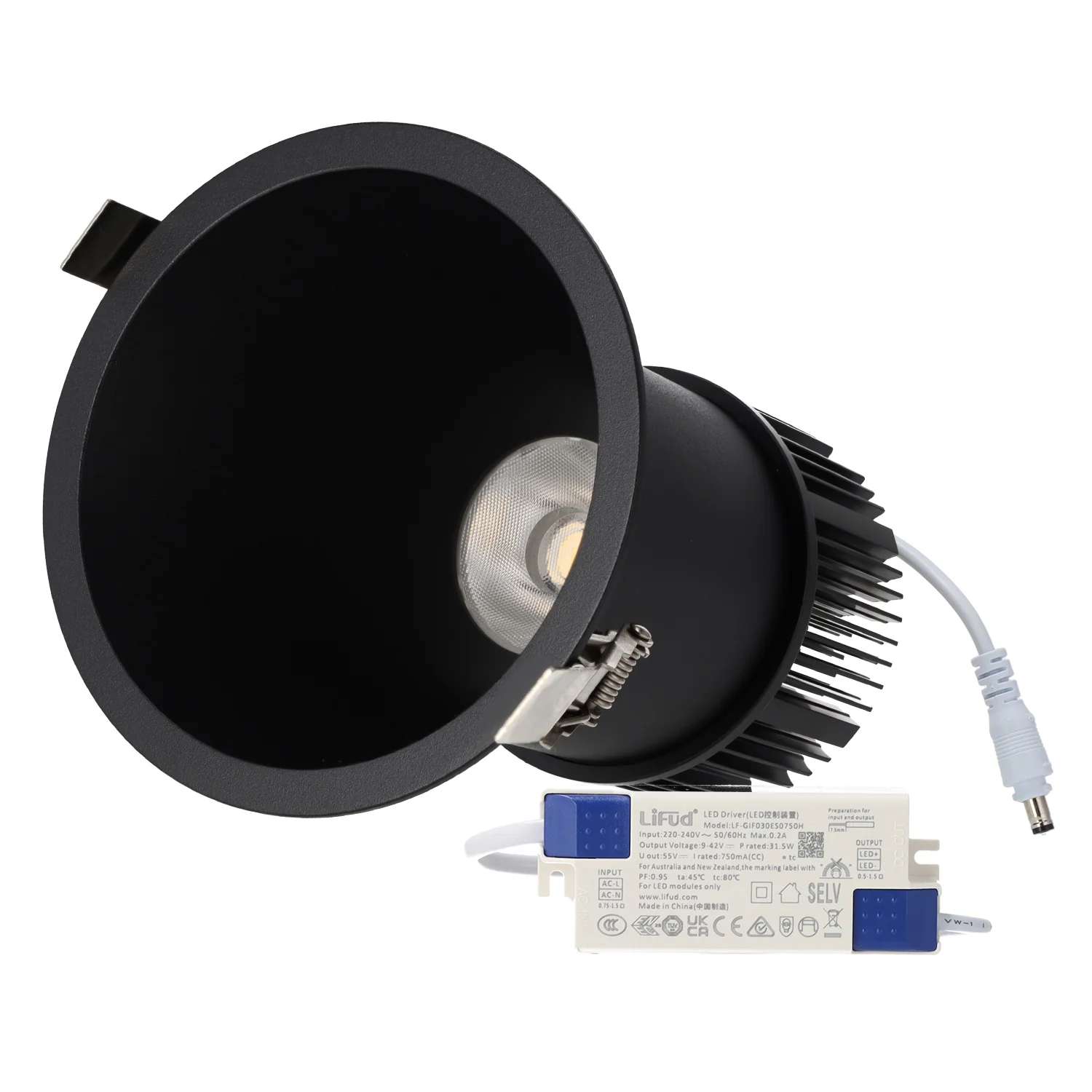 Downlight Empotrable LED 10W 90Lm/W CRI>95 4000ºK Driver Lifud 50.000H  Blanco Natural Negro