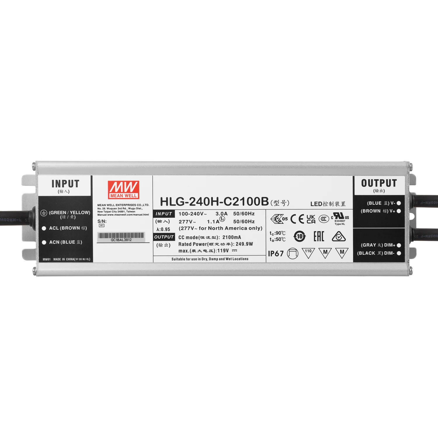 Driver LED Meanwell 240W 90-305VAC 2100A IP67 - Image 3