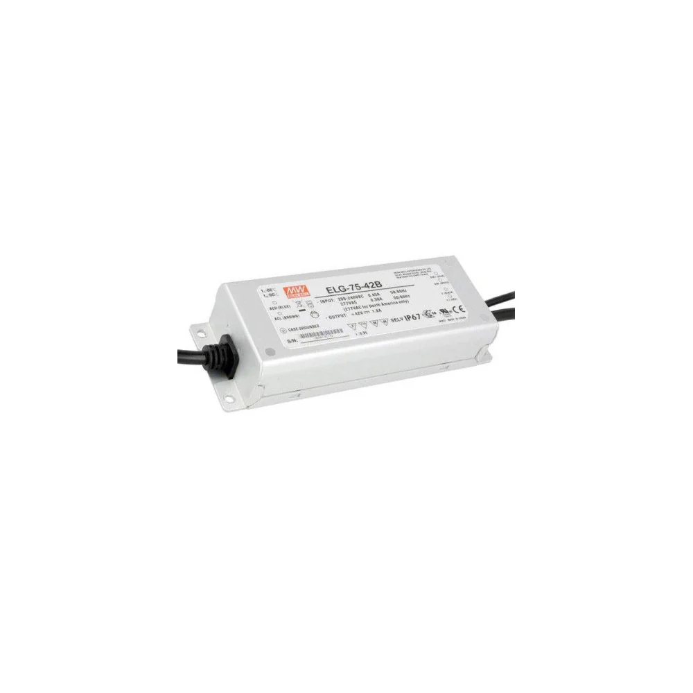 ELG-75-36D2-3Y IP67 Transformador MEANWELL Entrada 100-305VAC Salida 36VDC 2,1A 75,6W PFC Regulación Inteligente 3 Entrada Hilos