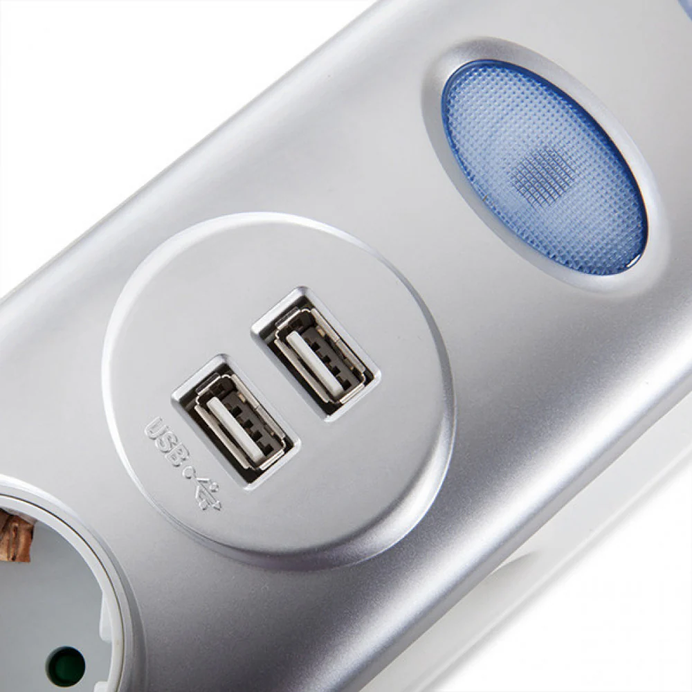 Enchufe 6 X Toma Corriente + Interruptor Luminoso + 2 X Usb Cargador 2100 Ma 5V - IP20 - Blanco/Plata - Image 3