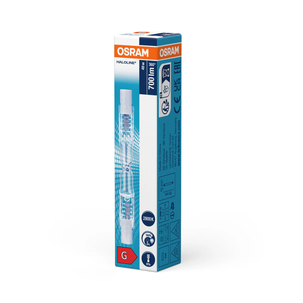 Lámpara halógena Ledvance/Osram R7s de conexión directa a la red eléctrica, 48 W, 700 lm, 2800 K, regulable. - Image 2