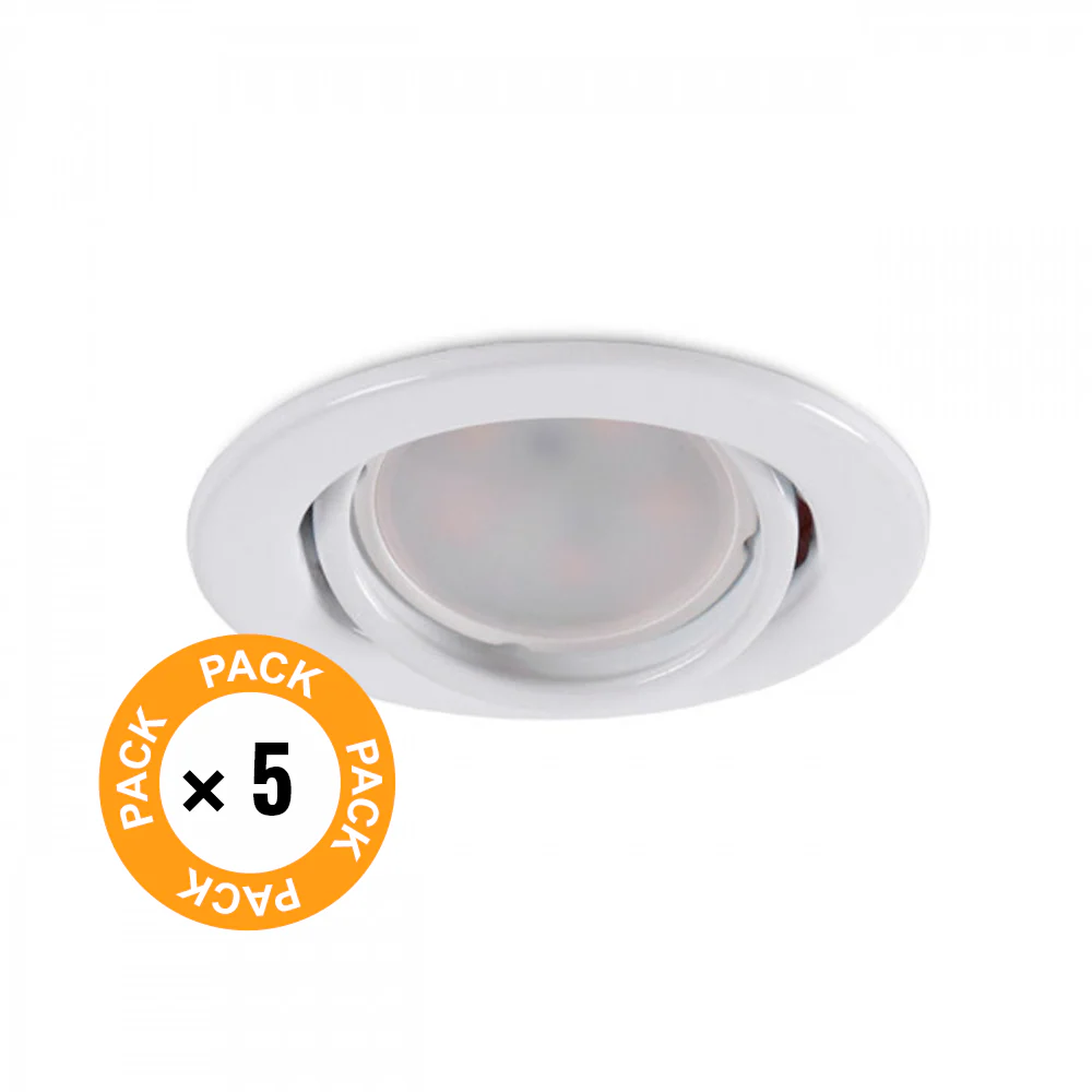 Pack de 5 Bombillas LED GU10 6W 700Lm 6000ºK 40.000H - Aro Downlight Redondo Inclinable "Vepa" Acero 90mm - Blanco - Image 2
