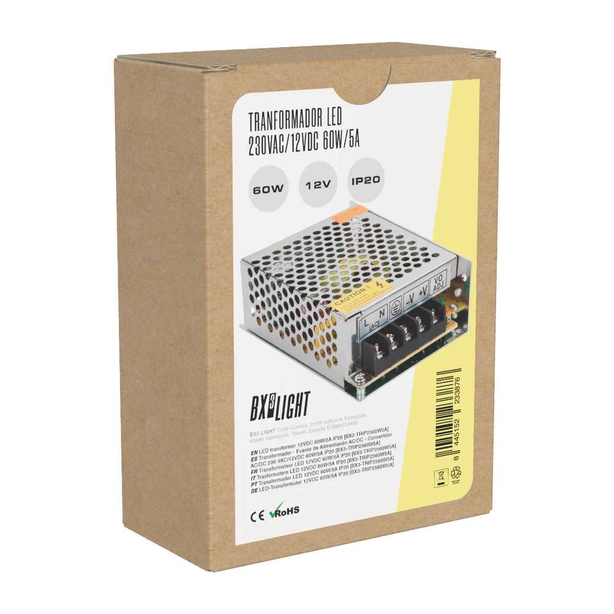 Transformador -  Fuente de Alimentación AC/DC -  Convertidor AC/DC 230 VAC/12VDC 60W/5A IP20 [BX3-TRIP2560W5A] - Image 2